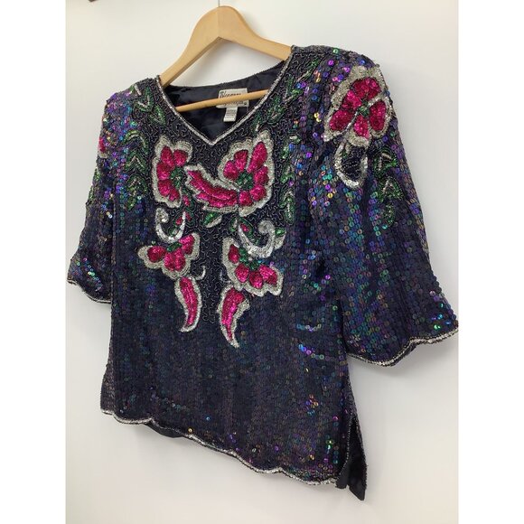 Vintage 80s Elegance by Anujan Black Silk Sequin Floral Blouse Medium NEW - Picture 4 of 7